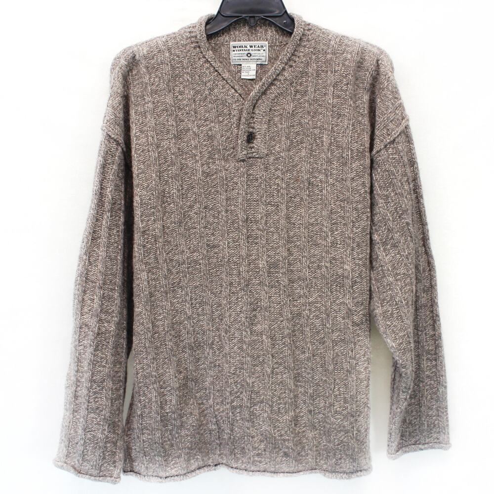 Work Wear Vtg Men's Wool Pullover Sweater V-Neck Long Sleeve Casual Button Large